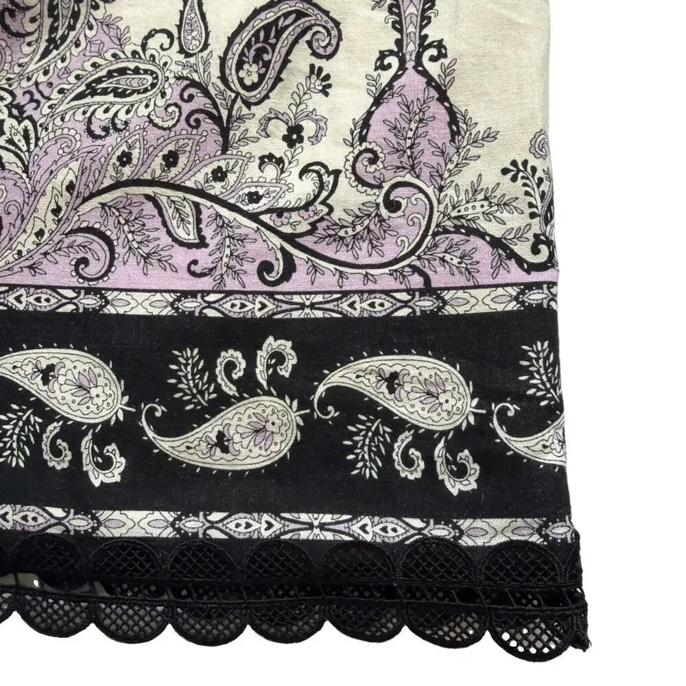 Loft Linen Blend Sleeveless Dress Womens Size 10 Cream Purple Lace Trim Paisley